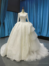 Ivory White Tulle Lace Bateau Long Sleeve Wedding Dress With Litter Train